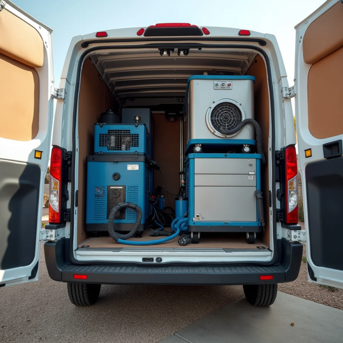 Air movers and dehumidifiers loaded in a restoration van in Menifee, CA