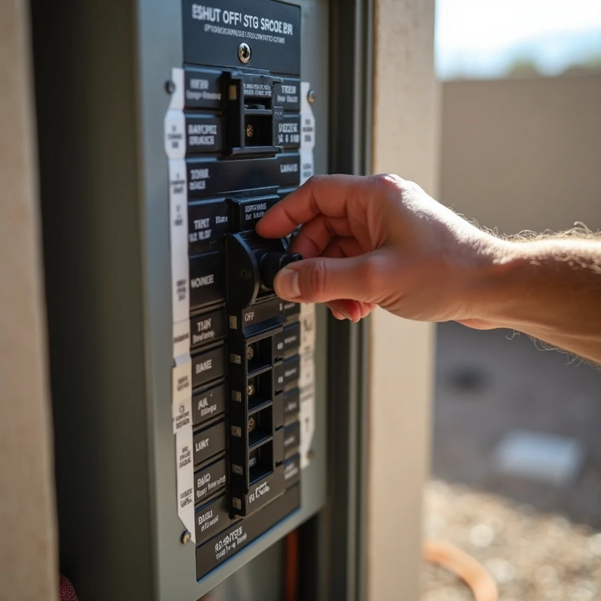 Homeowner switching off the air handler breaker before servicing the condensate line