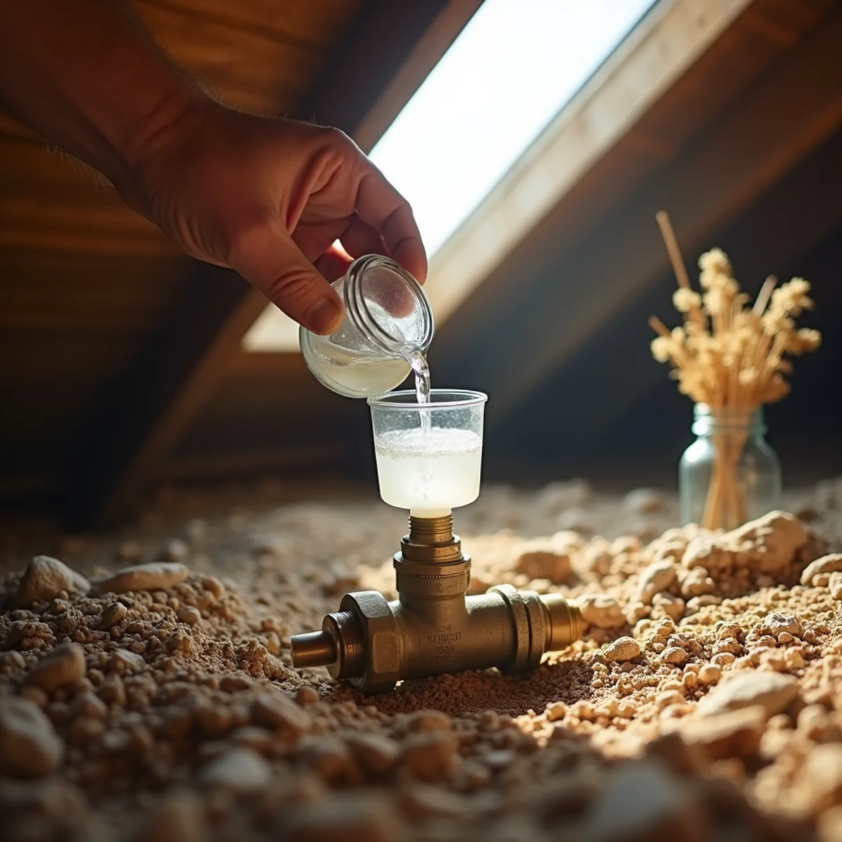 Pouring white vinegar into an air conditioner condensate access tee