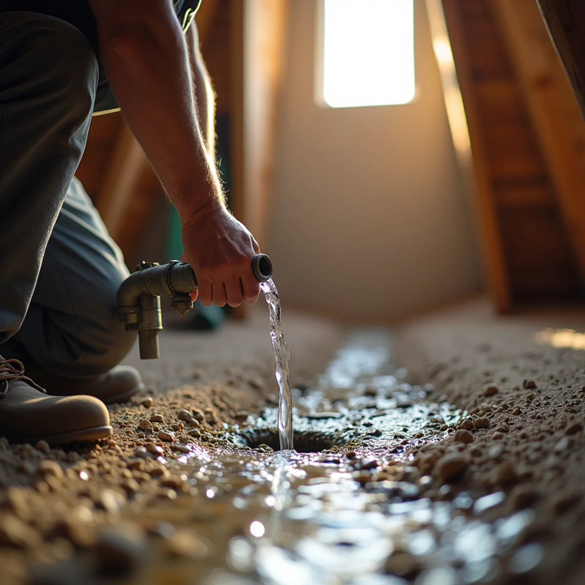 Flushing an AC condensate drain line with water in a Menifee attic