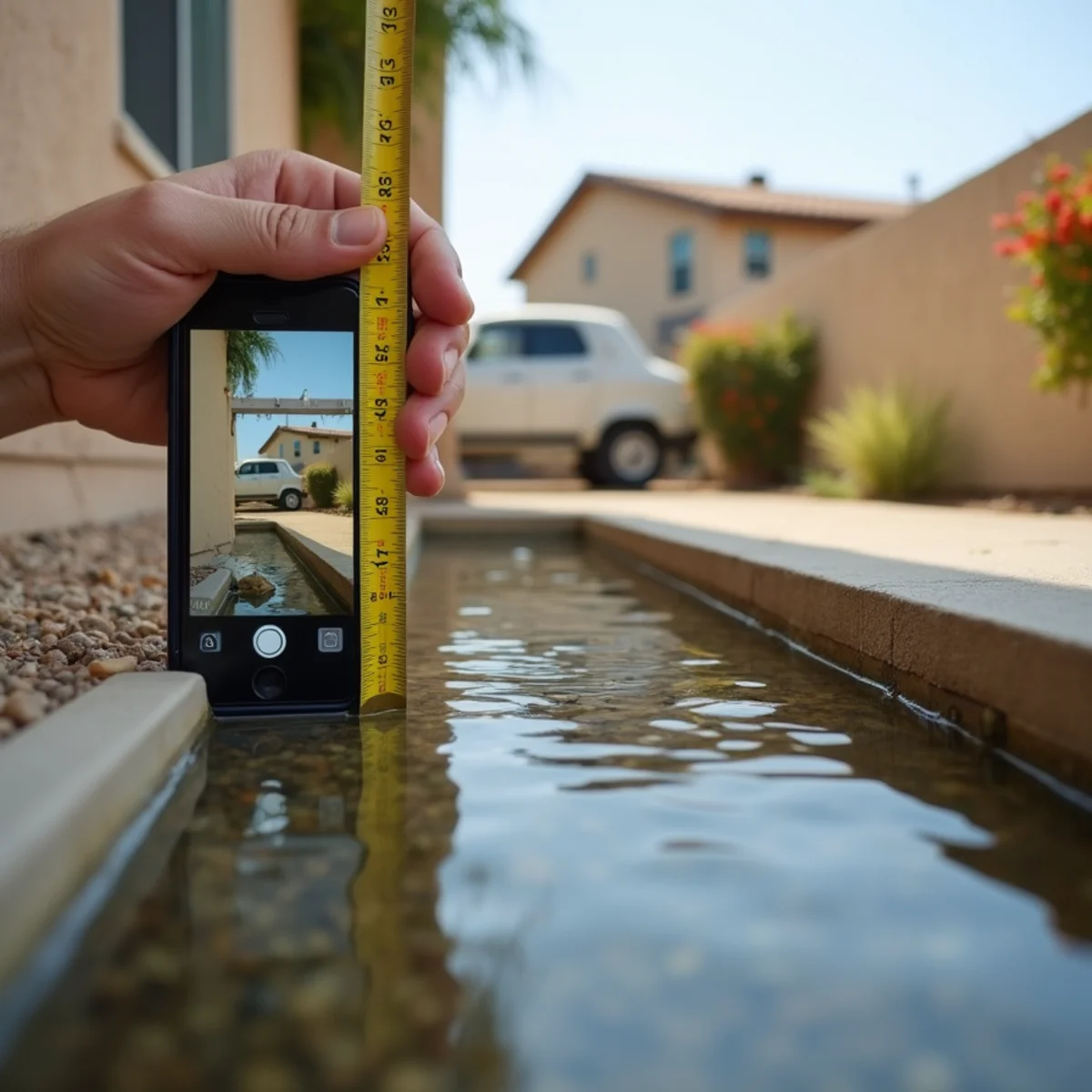 Photographing standing water against a baseboard with a ruler for scale