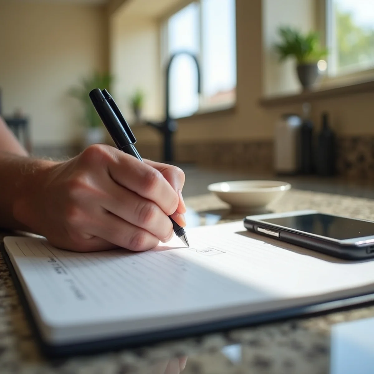 Homeowner writing down the date and time water damage was discovered