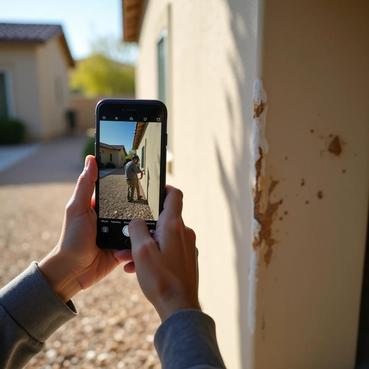 Homeowner photographing water damage for an insurance claim in a Menifee, CA home