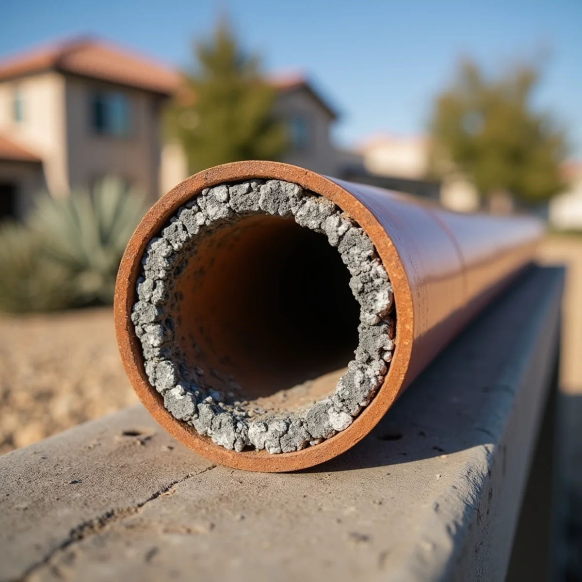 Heavy mineral scale buildup inside a cutaway water pipe from a Menifee, CA home