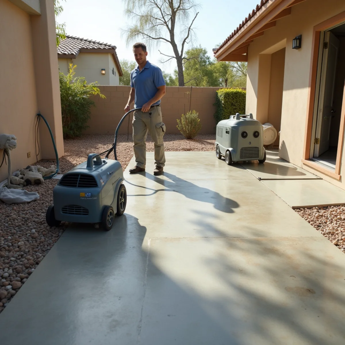 Air movers drying a bare concrete slab in a Menifee, CA home