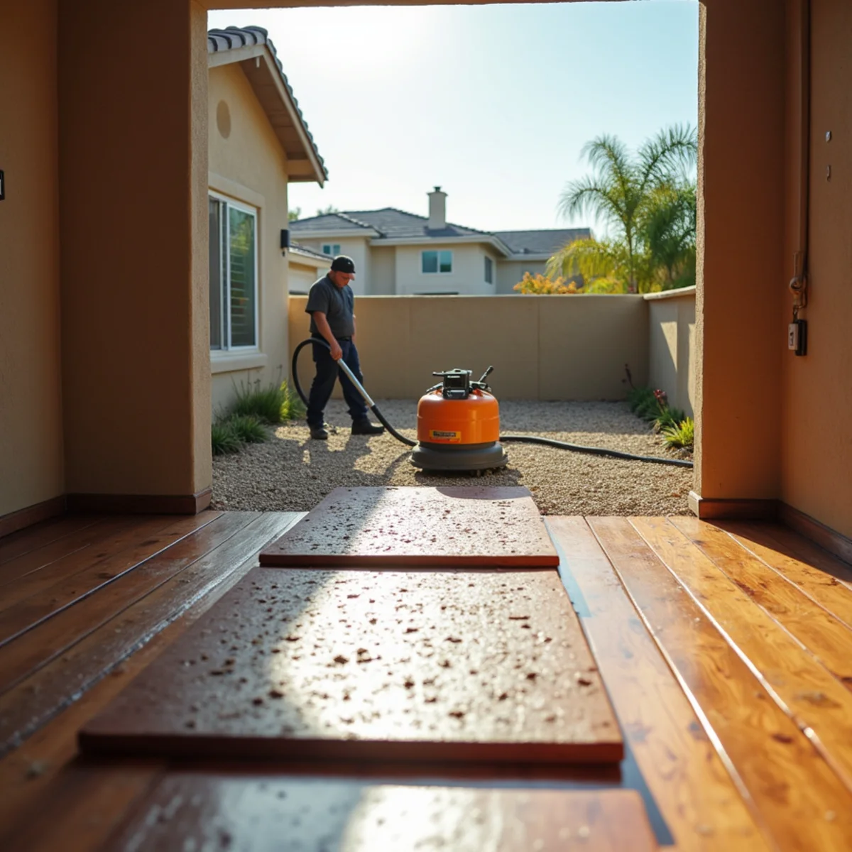 Hardwood floor mat drying system in use in a Menifee, California home