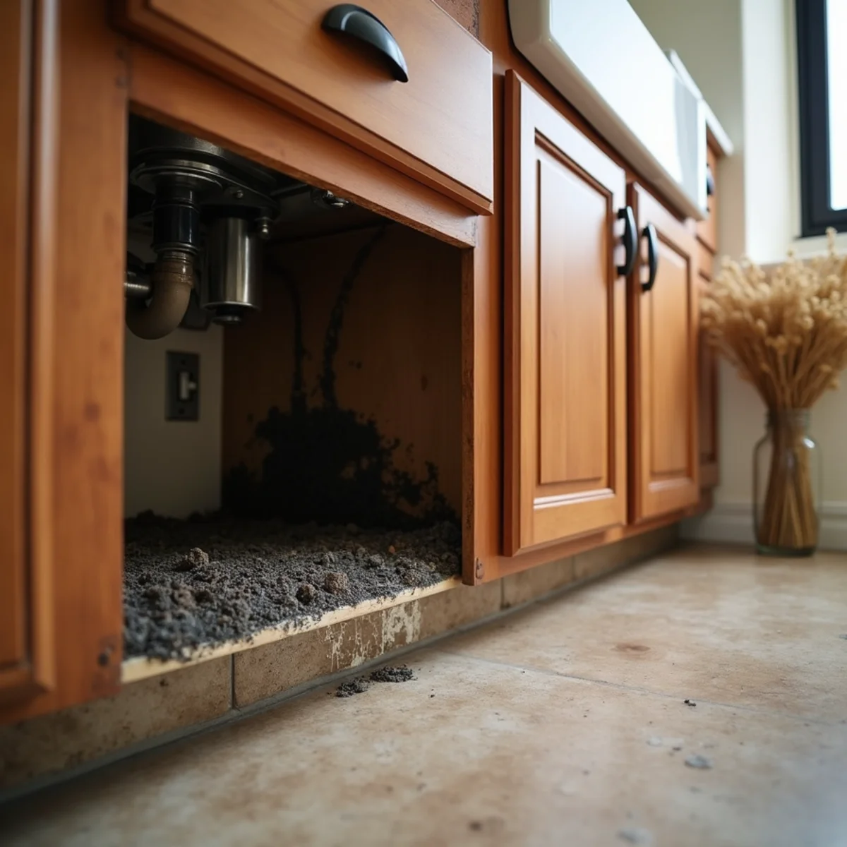 Swollen cabinet base revealed after a long hidden leak in a Menifee kitchen