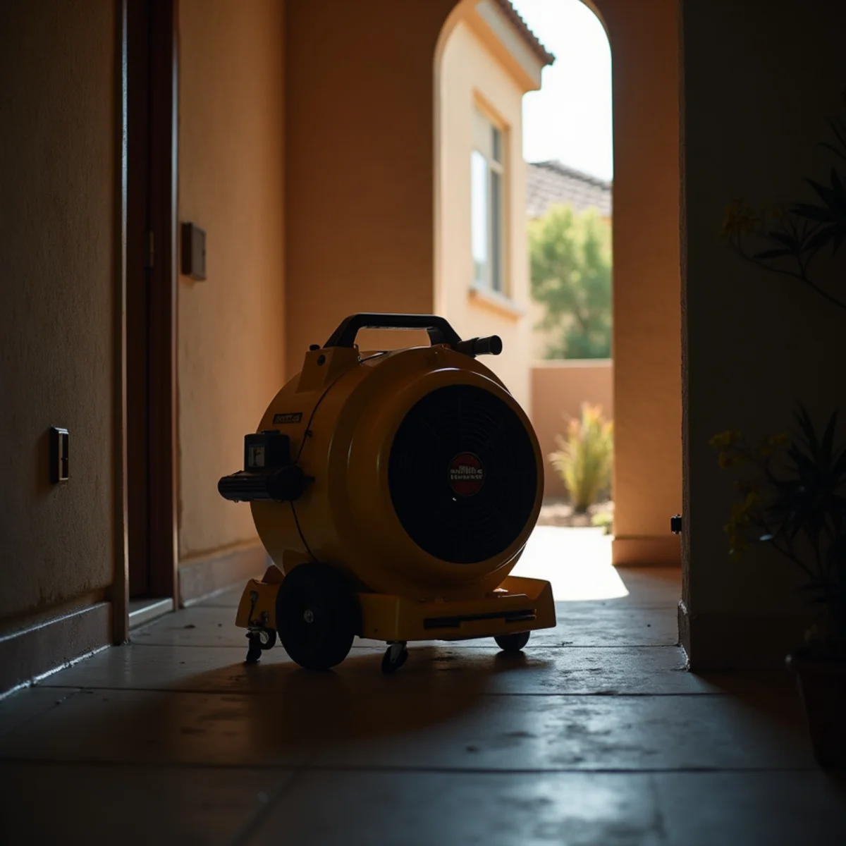 Air mover running overnight in a dim Menifee, CA living room