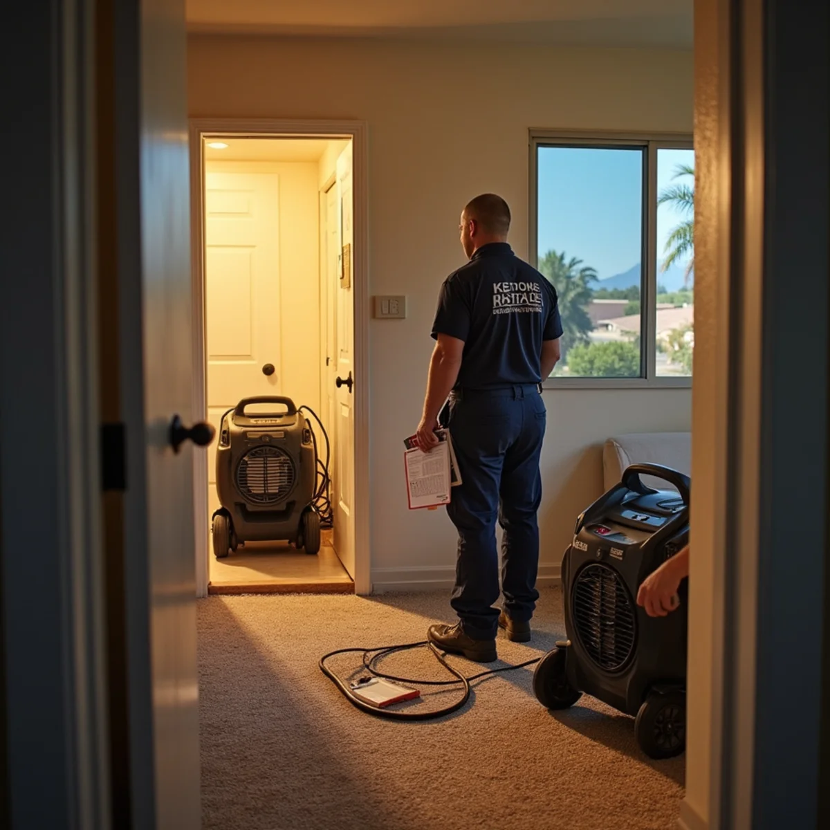 Drying equipment running in a Menifee, CA home during a multi-day structural dry-out