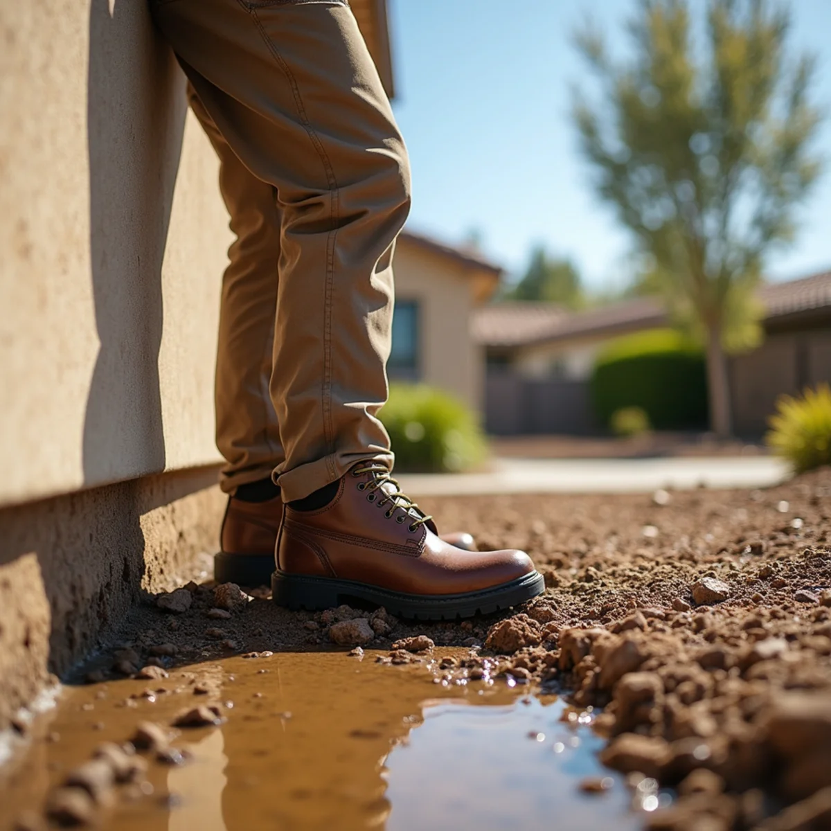 Saturated soft ground against a home foundation in Menifee, California