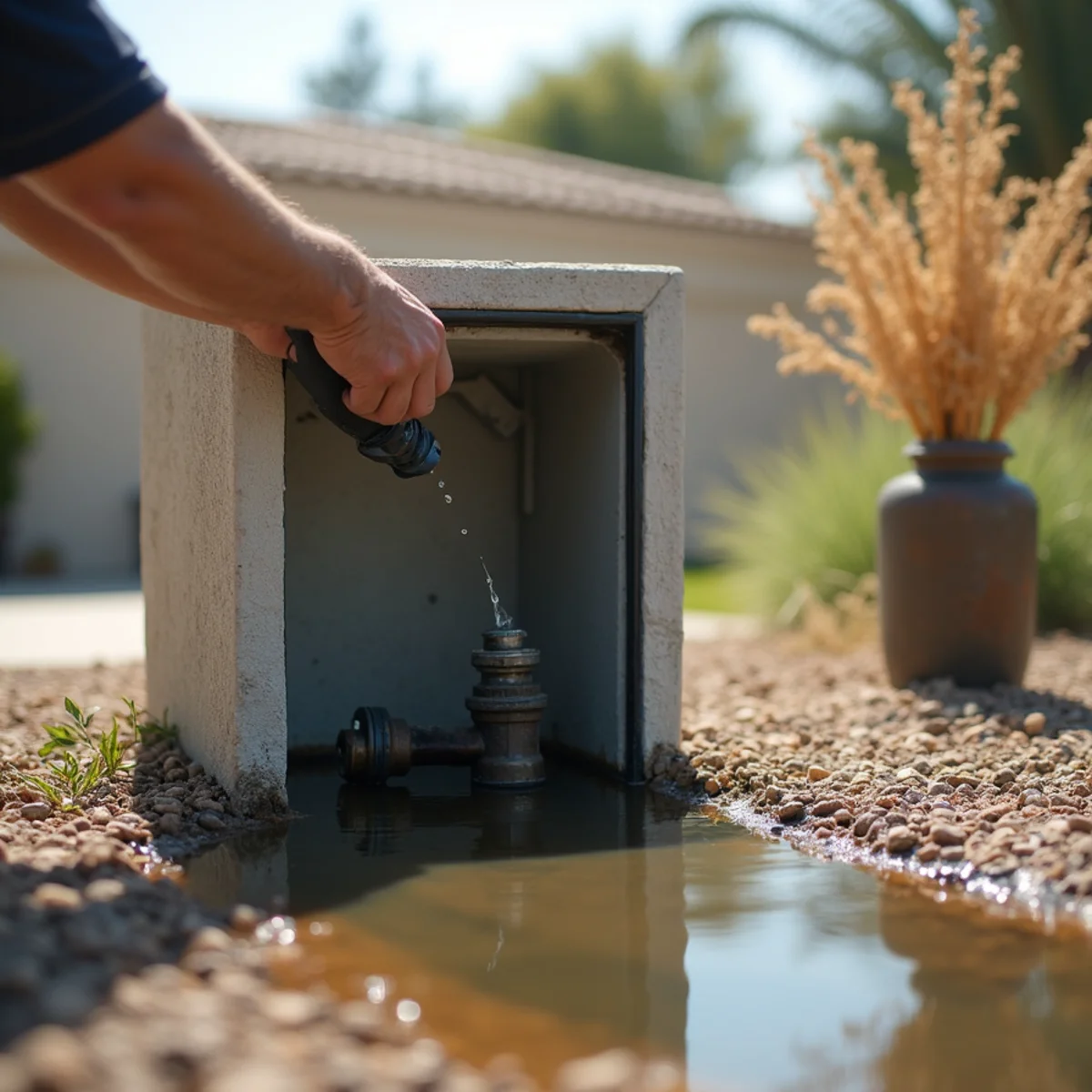 Standing water inside an irrigation valve box at a Menifee, CA property