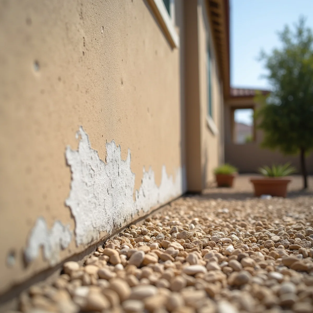 White efflorescence staining at the base of a Menifee home stucco wall