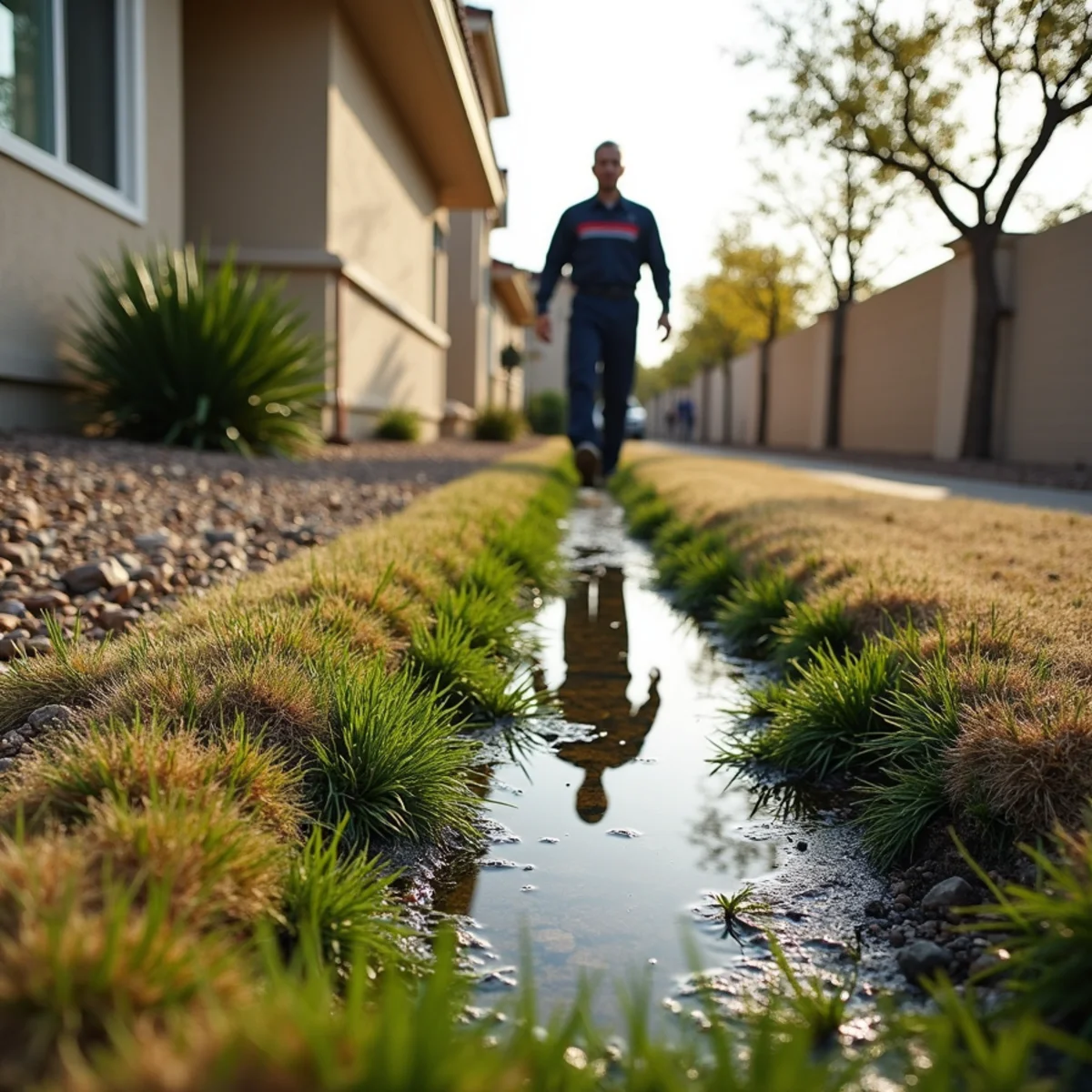 Broken irrigation lateral saturating soil beside a home foundation in Menifee, CA