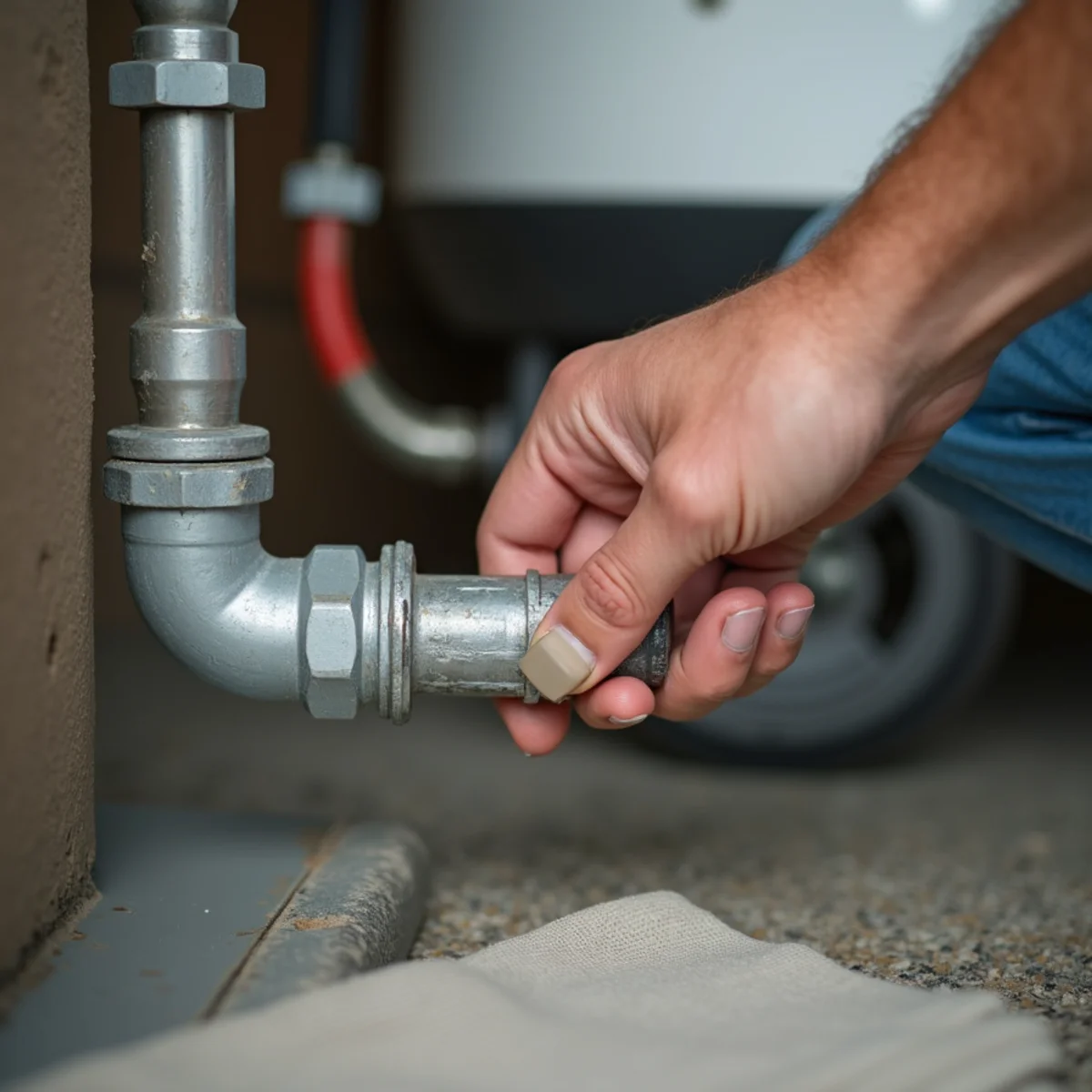 Homeowner testing a galvanized supply pipe with a magnet in an older Menifee home