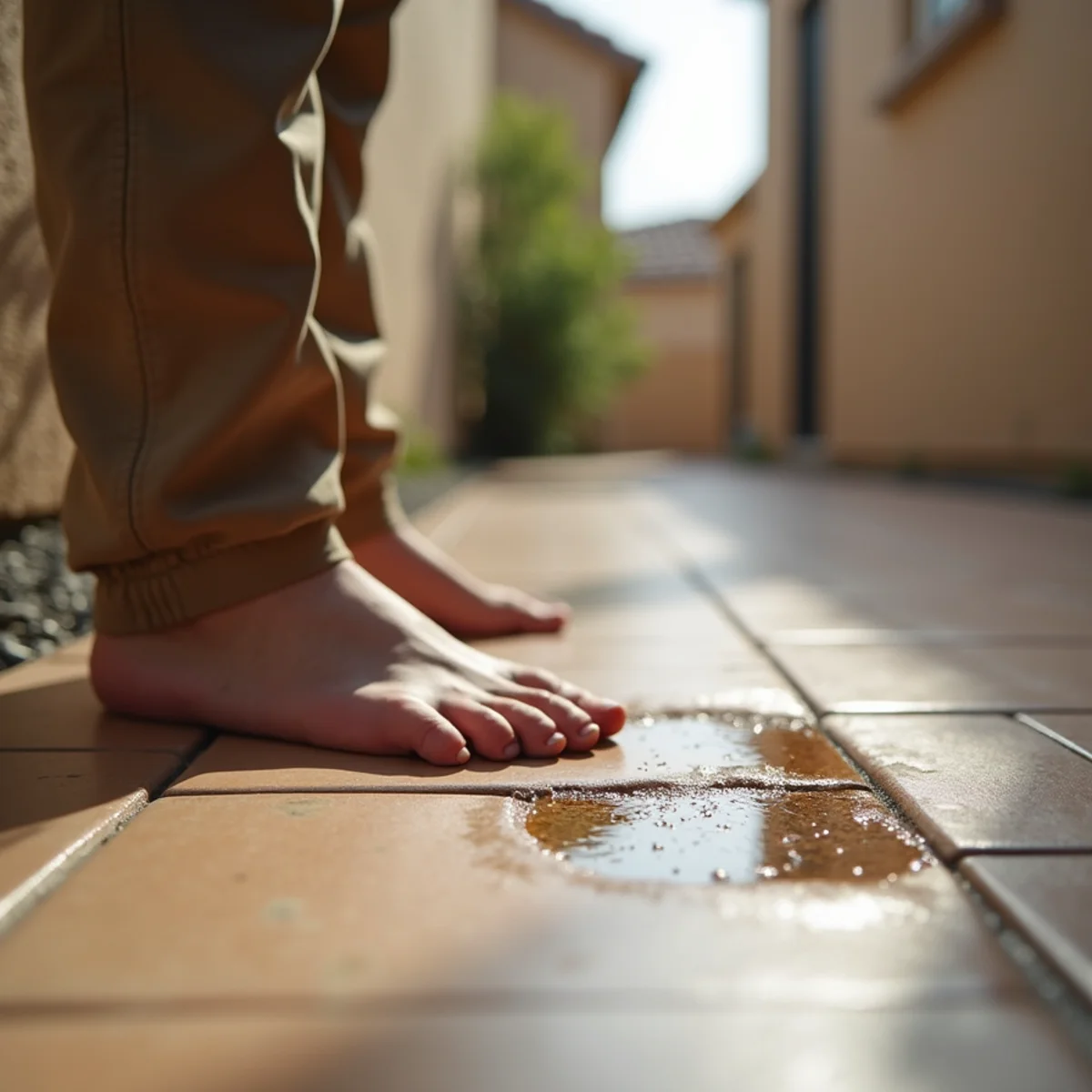 Homeowner feeling a warm slab leak spot on a tile floor in Menifee, CA
