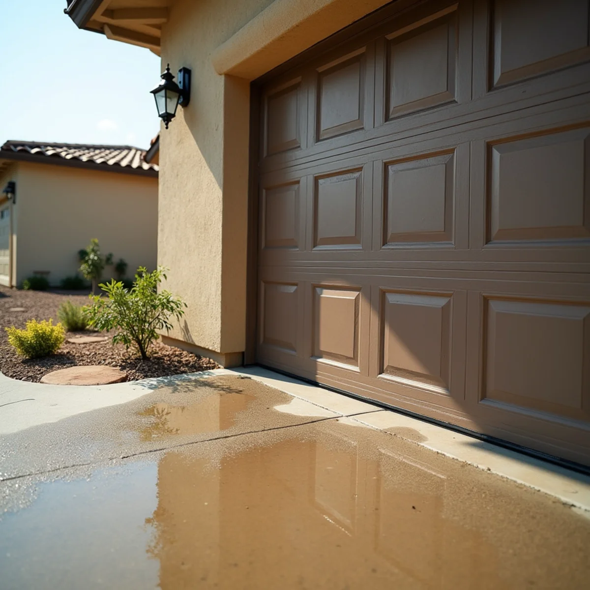 Storm runoff seeping under a garage door into a Menifee, CA home