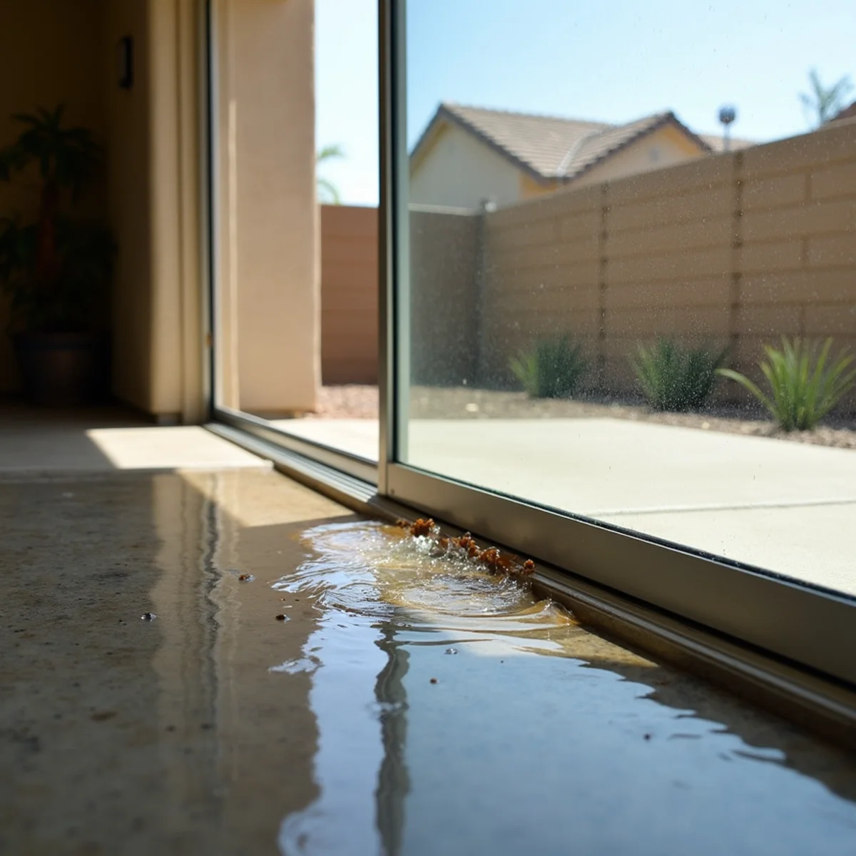Rainwater pooling against a patio slider threshold at a Menifee home
