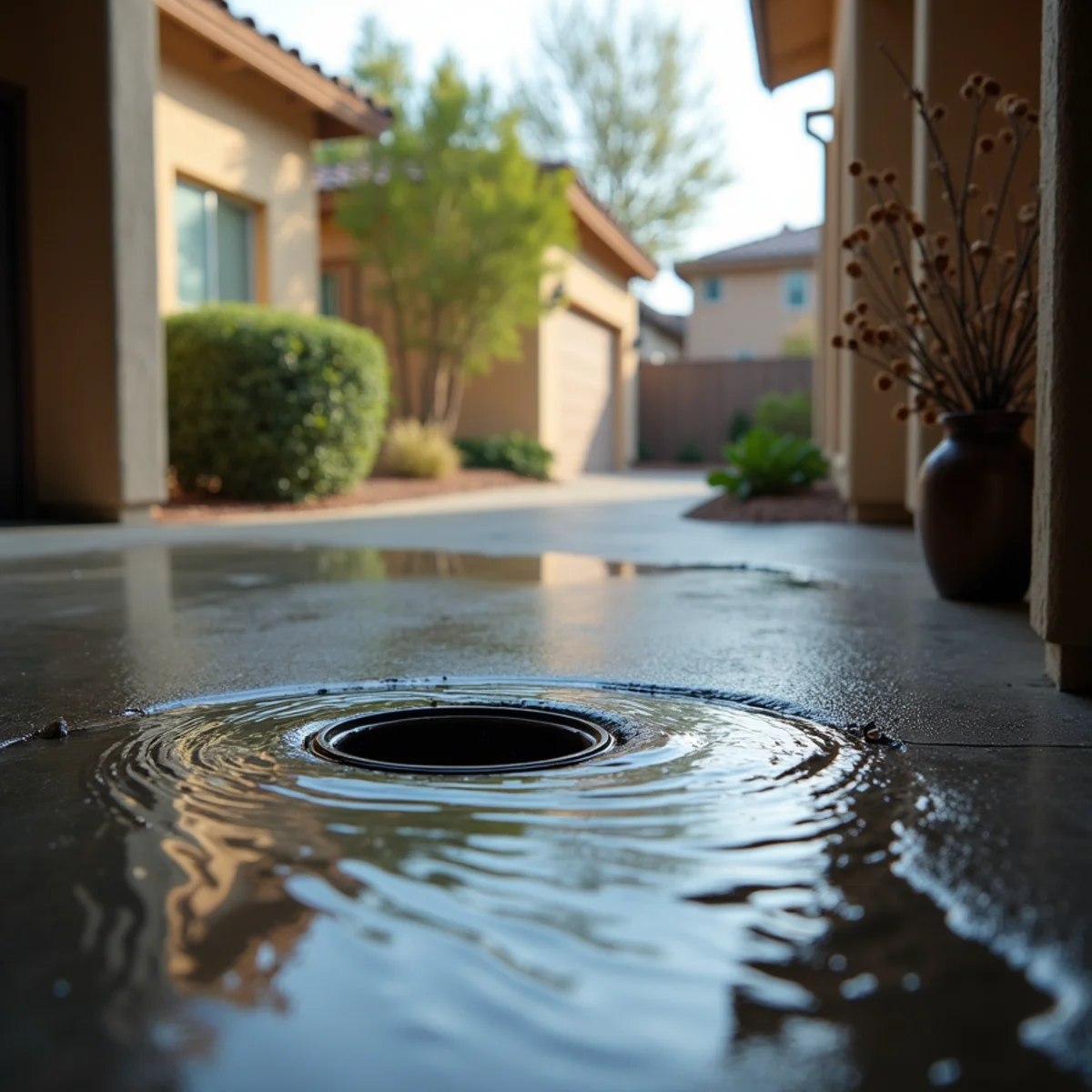 Sewer backflow surfacing at a floor drain during a Menifee storm