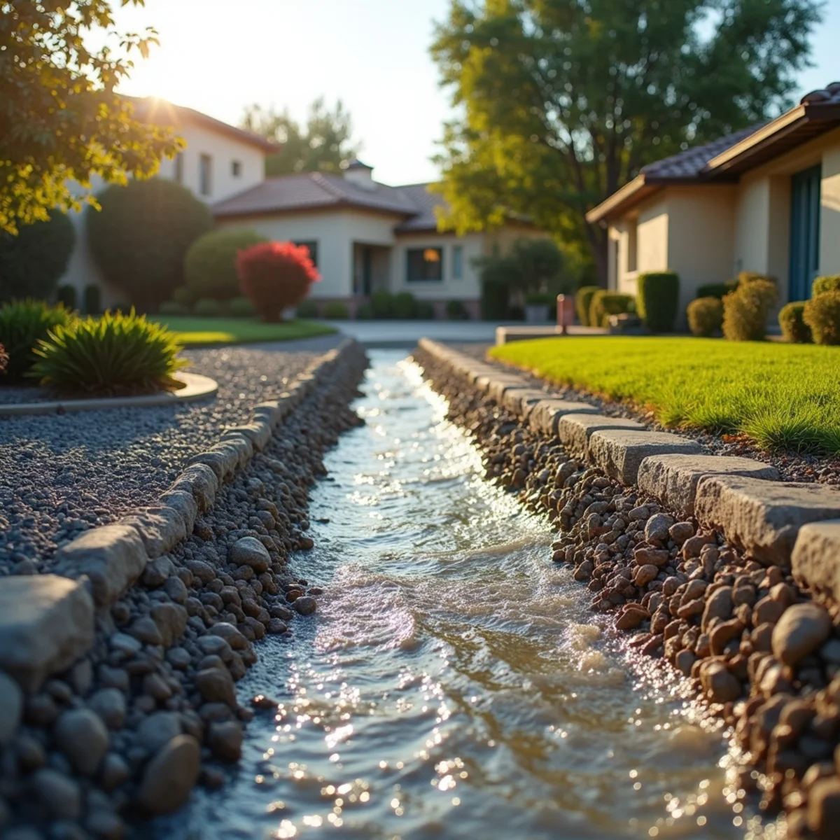 Storm water sheeting downhill across a sloped Menifee, CA lot