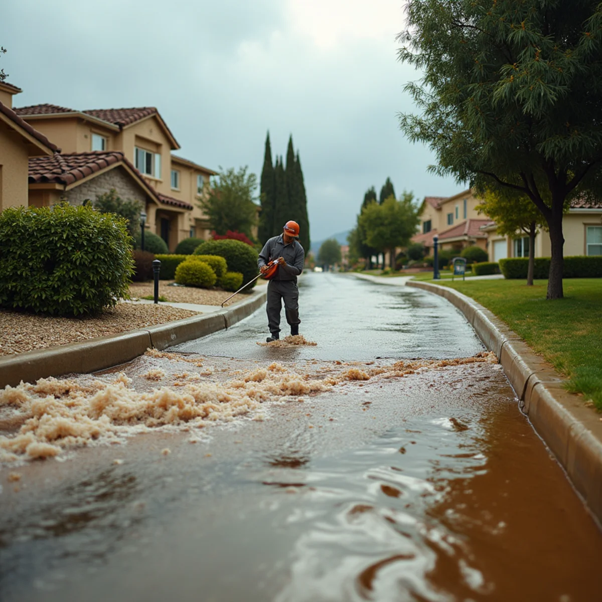 Storm runoff flowing across a residential street during monsoon flash flooding in Menifee, CA
