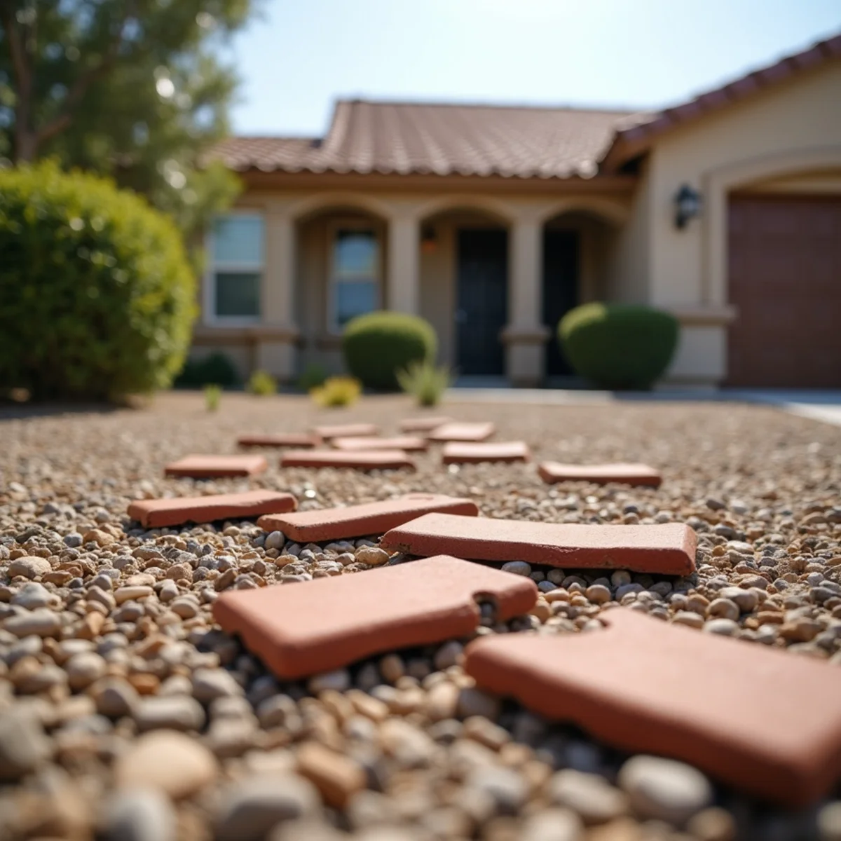 Broken concrete roof tile fragments on a lawn after a Santa Ana wind event