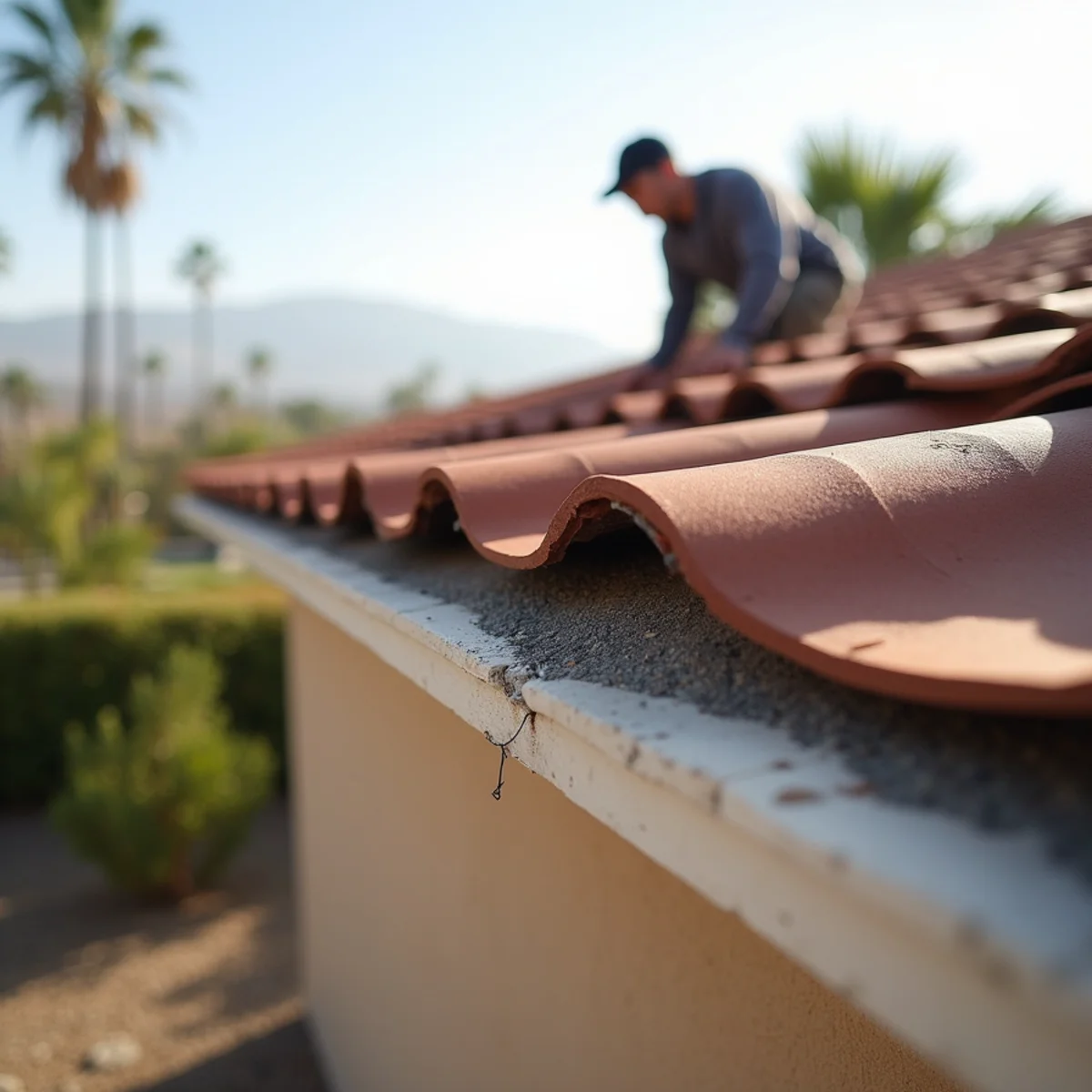Misaligned ridge cap tiles on a Menifee, CA roof after high winds