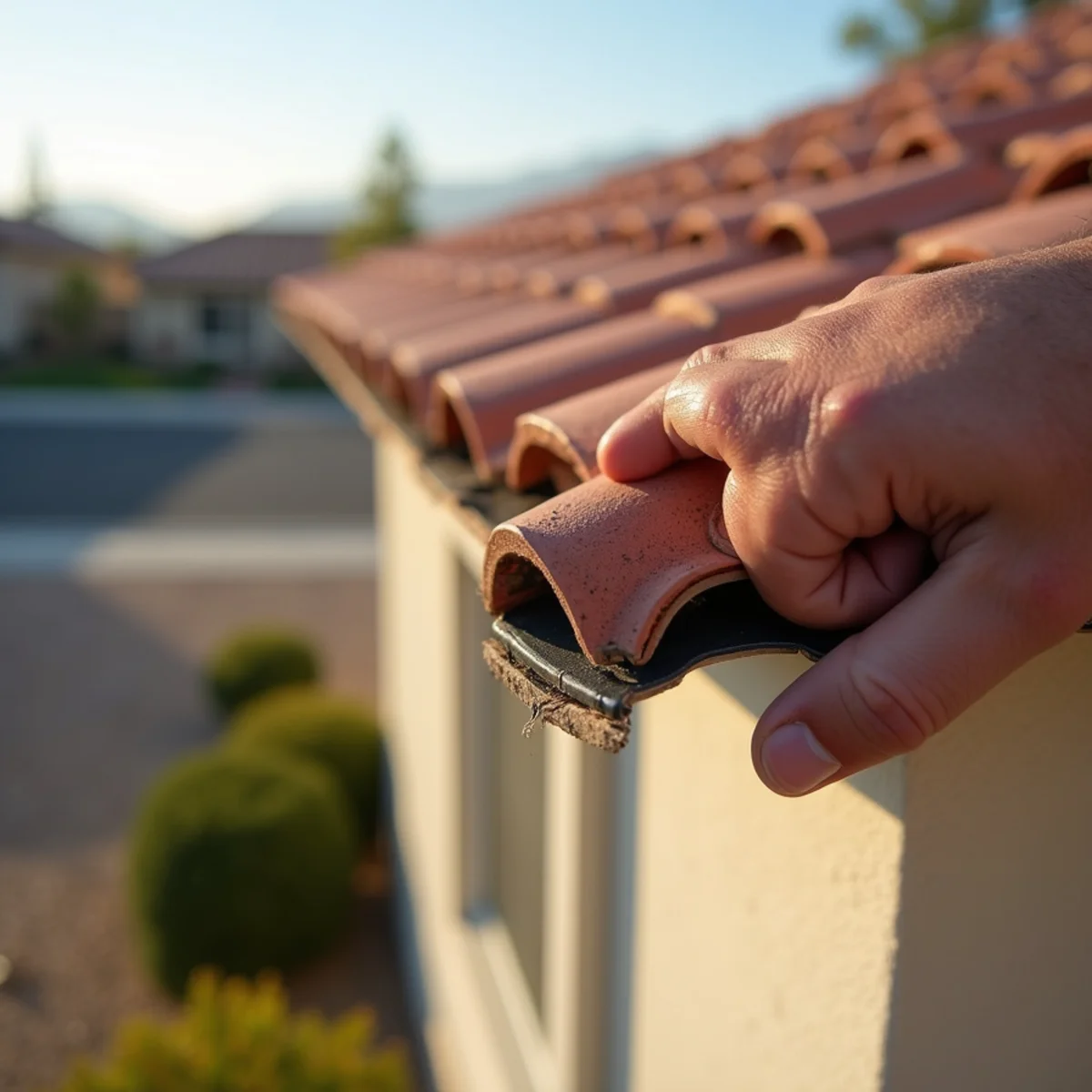 Lifted starter course at the eave of a Menifee, CA tile roof