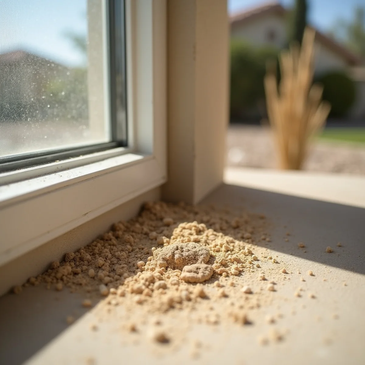 Desert dust packed into a window frame weep hole in Menifee, CA