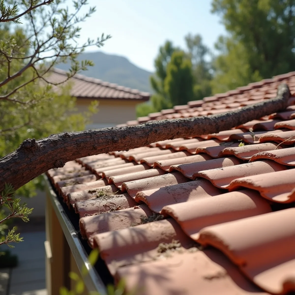 Fallen tree branch resting on a Menifee, California tile roof