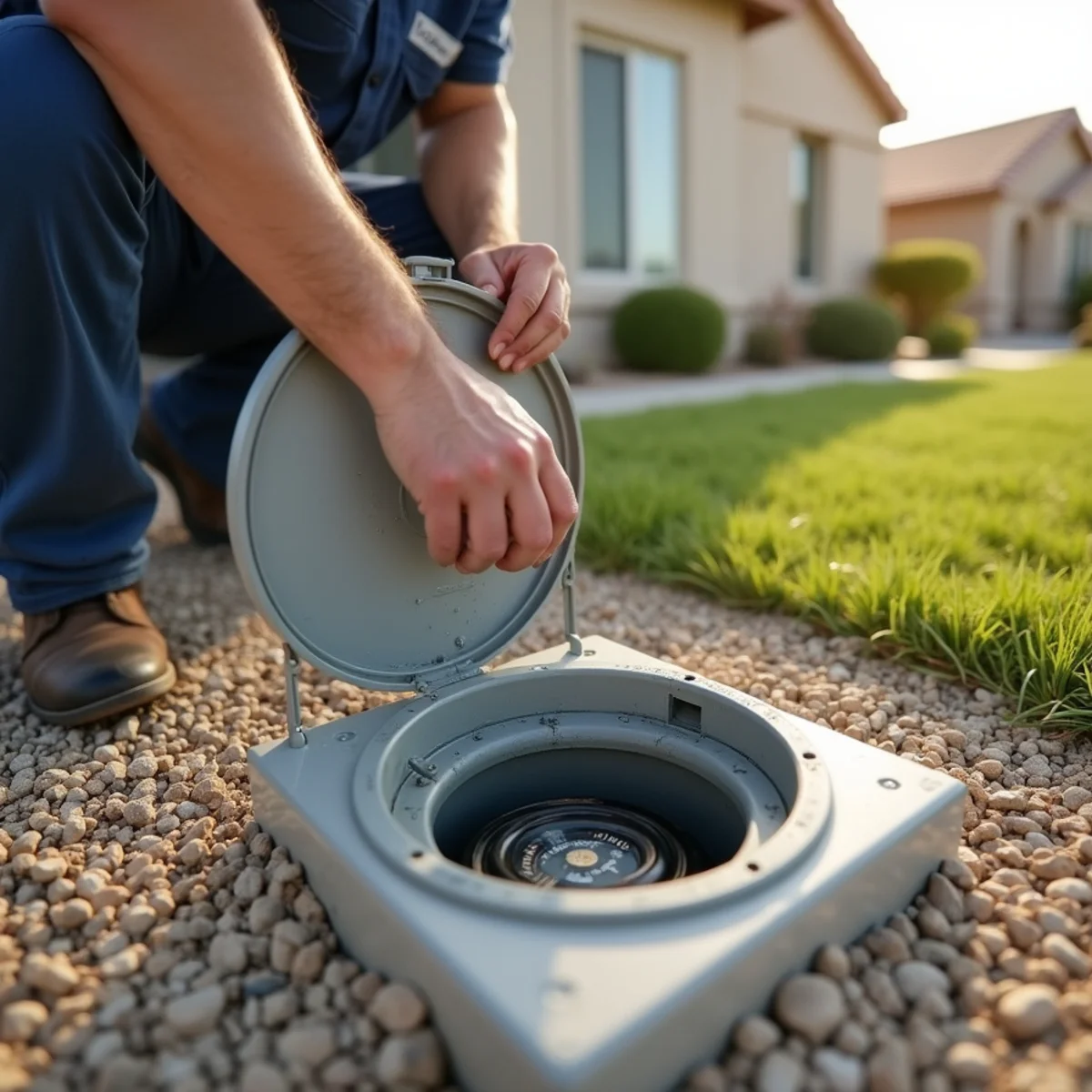 Opening a residential water meter box at the curb in Menifee, California