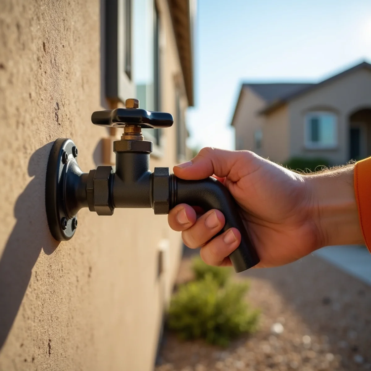 Closing the irrigation supply valve to isolate a leak at a Menifee home