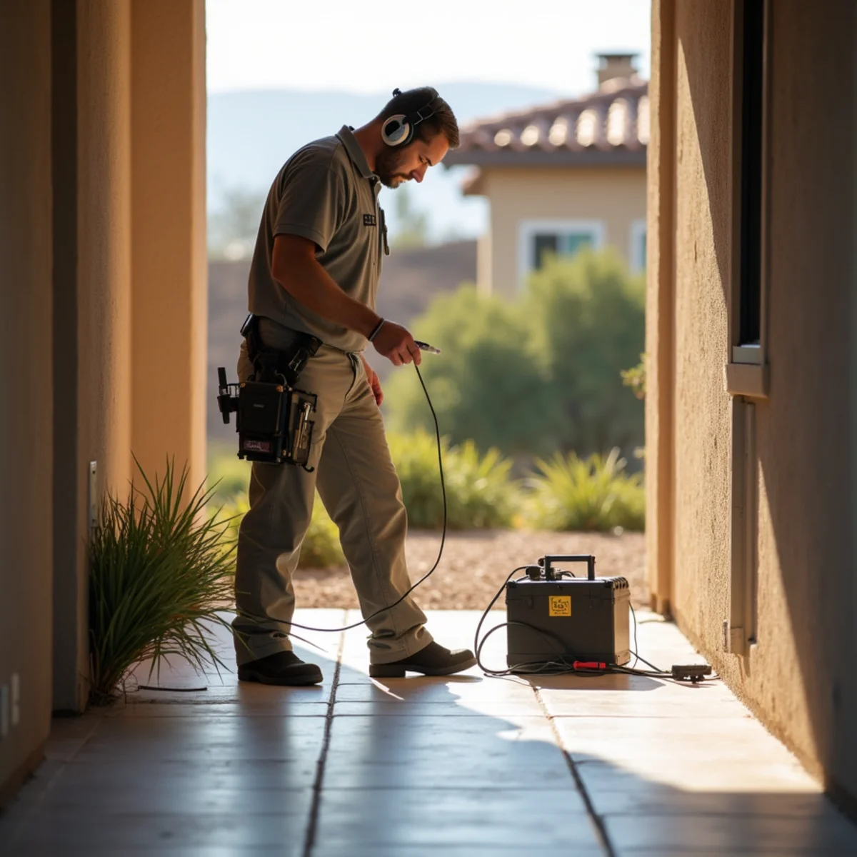 Technician using acoustic listening equipment to locate a slab leak in a Menifee, CA home