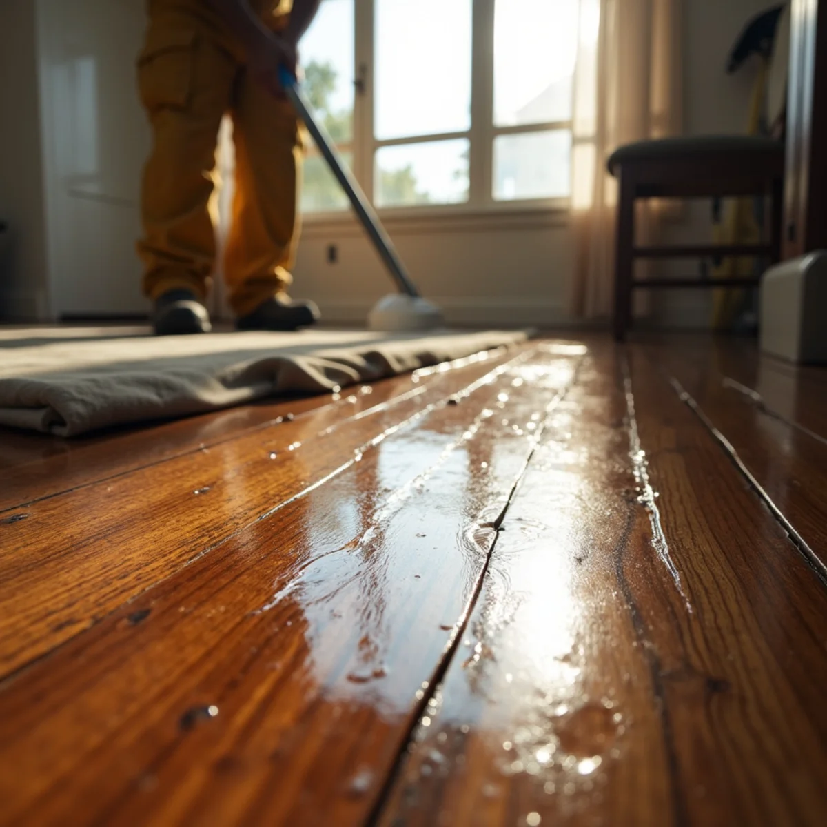 Standing water left too long on a hardwood floor in a Menifee, CA home