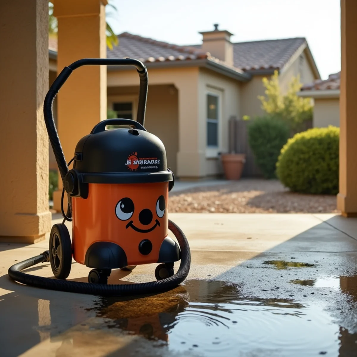 Household shop vacuum beside contaminated water on a Menifee floor