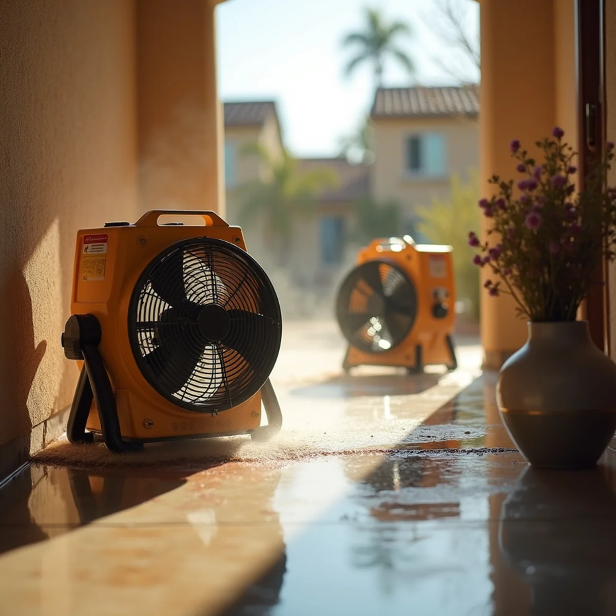 Household box fans running on a contaminated water spill in a Menifee home