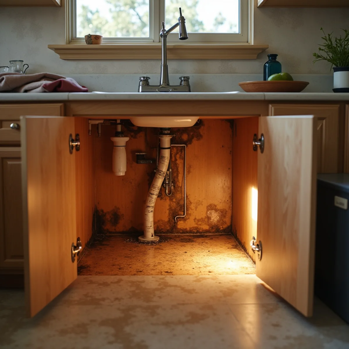 Long running hidden leak damage revealed behind a Menifee kitchen cabinet