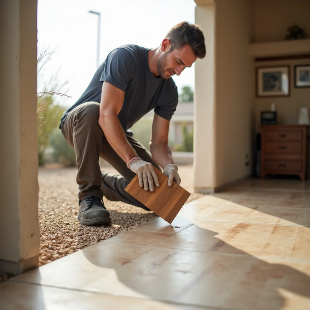 Contractor comparing flooring samples to match discontinued tile in Menifee