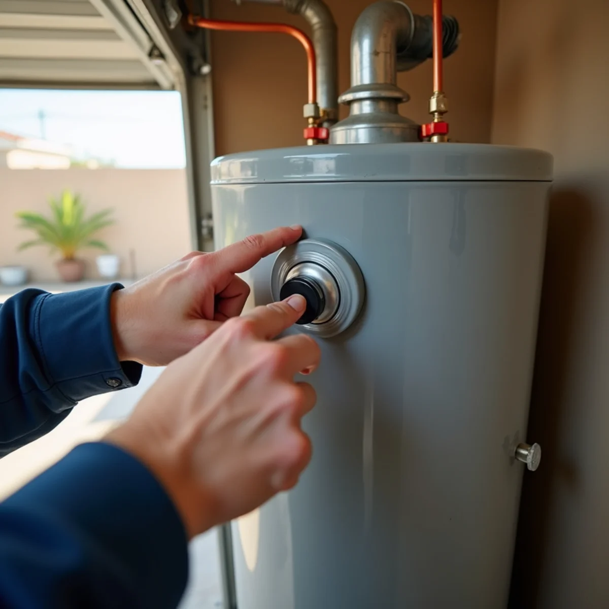 Turning a water heater gas control dial to the pilot setting in a Menifee garage