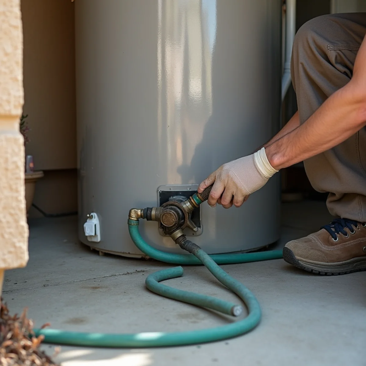 Attaching a garden hose to a water heater drain valve in a Menifee garage