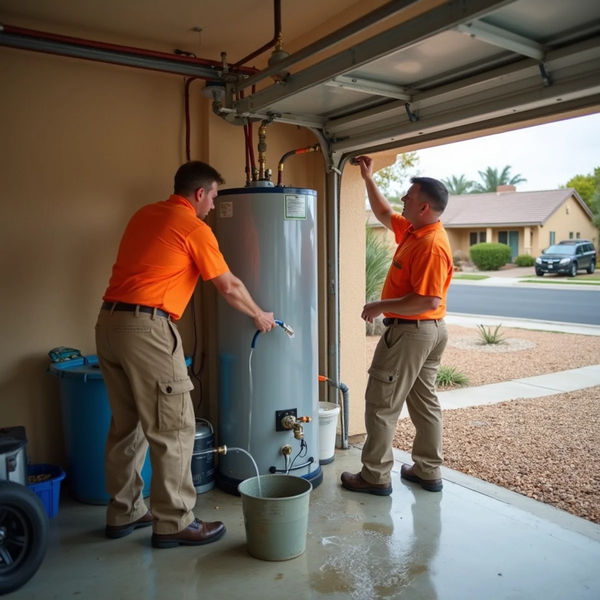 Homeowner flushing sediment from a water heater tank in a Menifee, CA garage