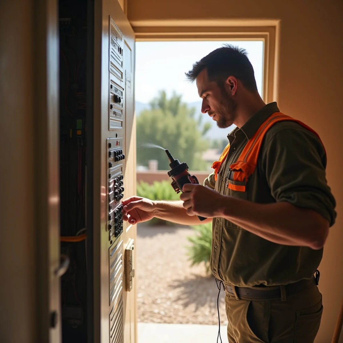 Restoration technician checking the electrical panel before entering a flooded room