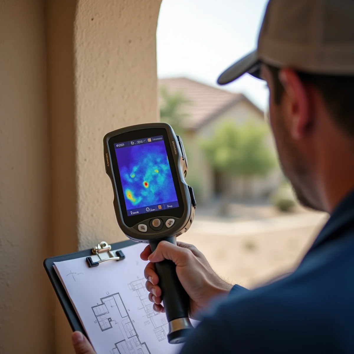 Technician moisture mapping a wet wall with a thermal camera in Menifee, CA