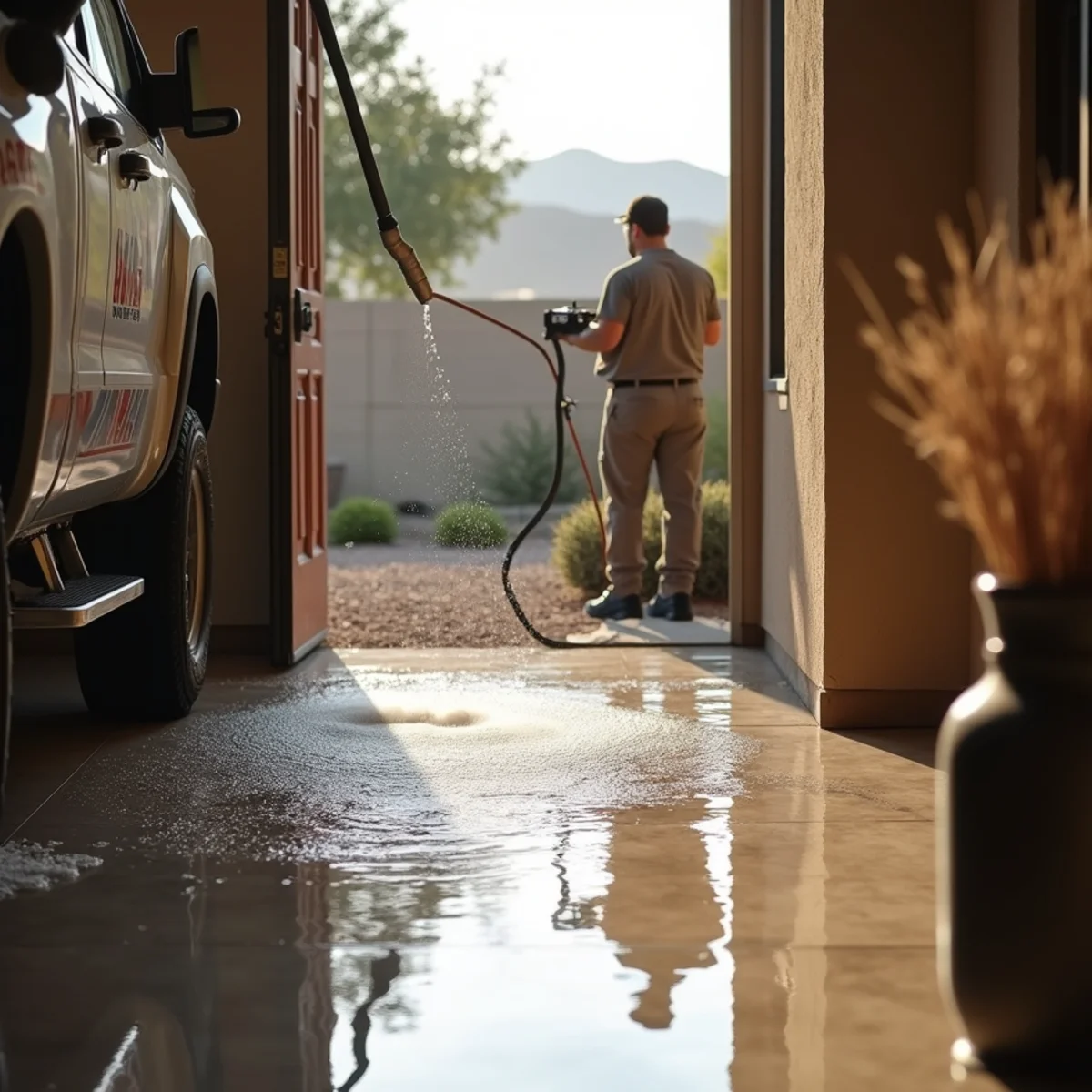 Truck-mounted extraction wand pulling standing water from a Menifee living room