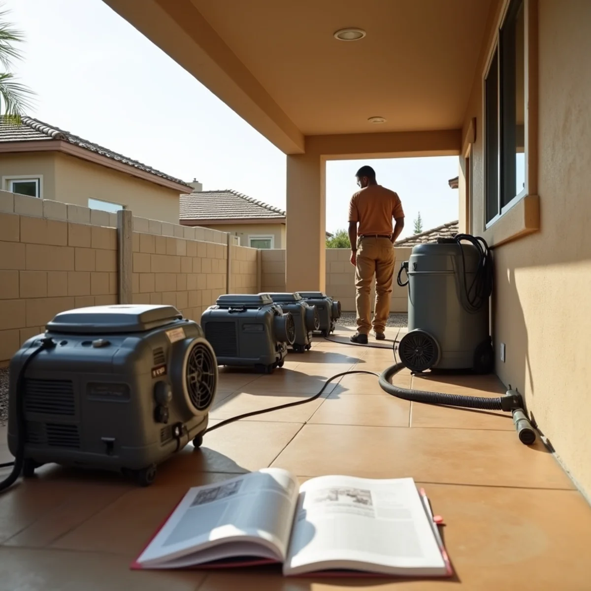 Air movers and an LGR dehumidifier drying a Menifee, CA room