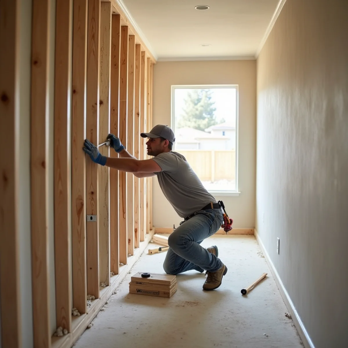 Carpenter rebuilding water damaged drywall in a Menifee tract home