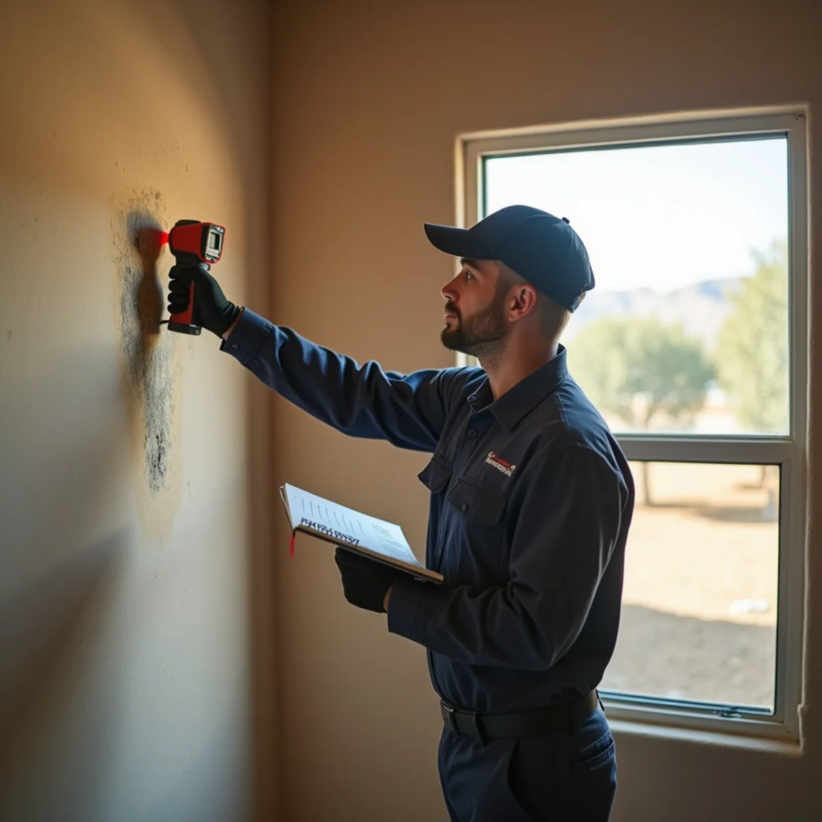 Restoration technician inspecting a water damaged wall in a Menifee, CA home