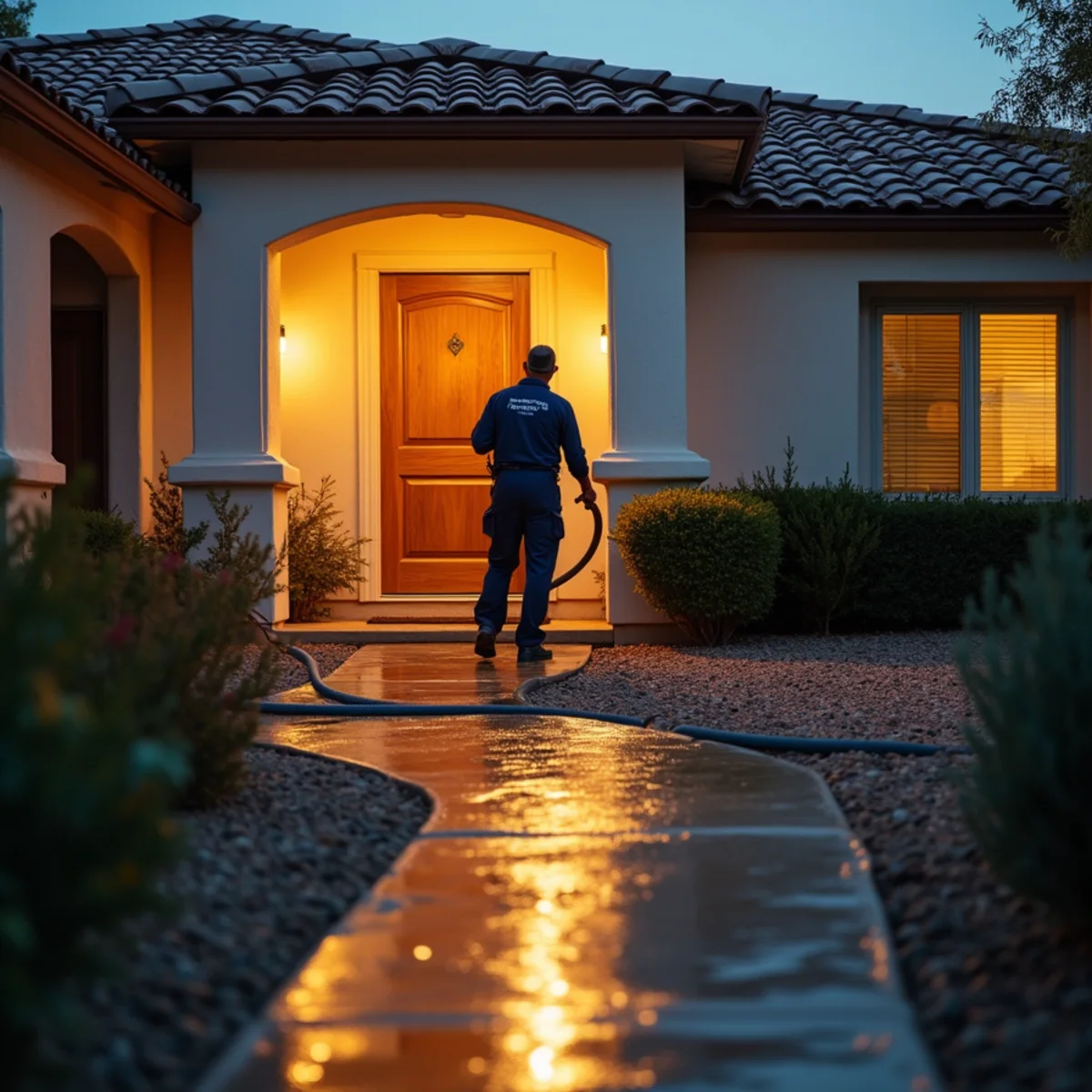 Truck-mounted water extraction in progress in a flooded Menifee, CA home