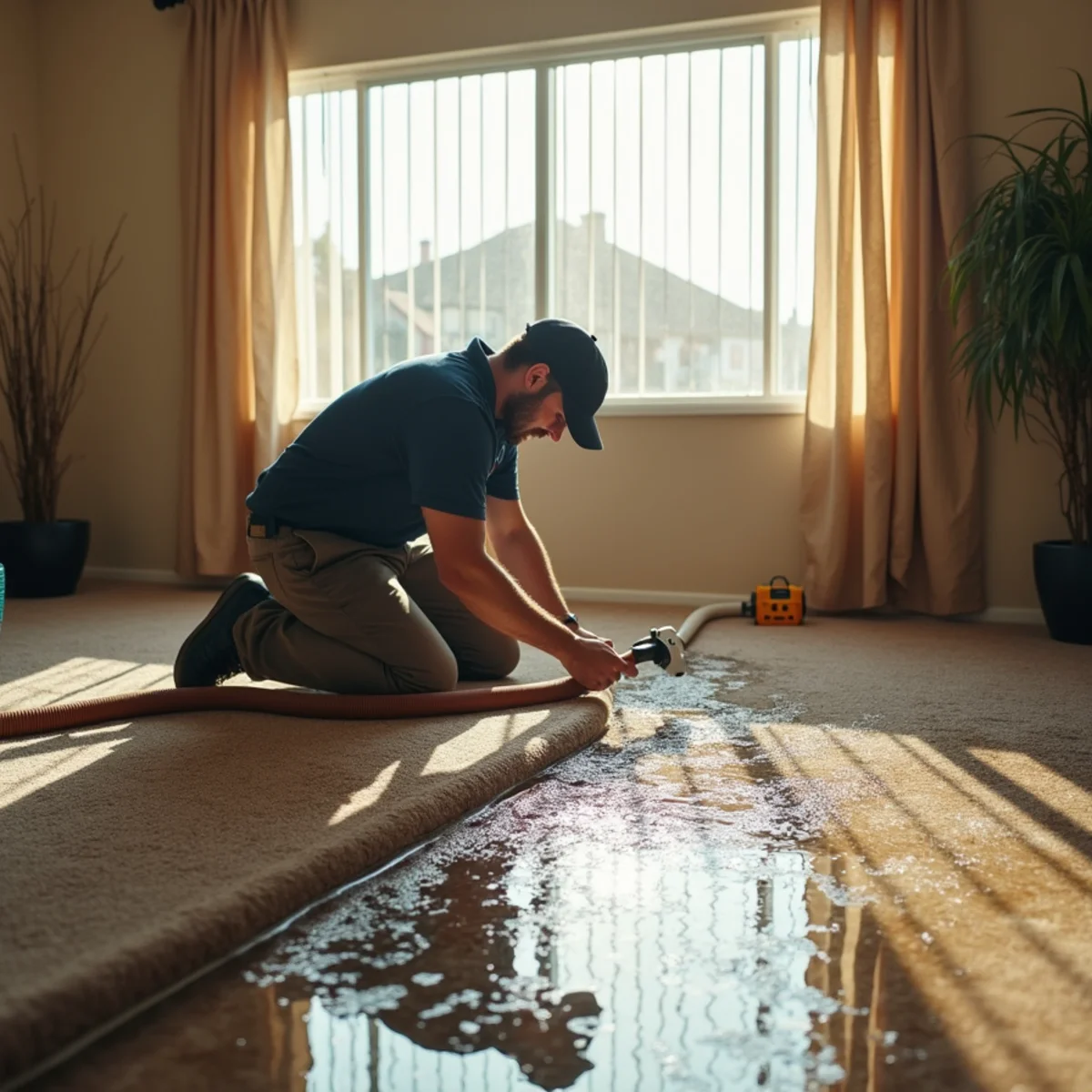 Water damage restoration technician extracting water from a flooded Menifee, CA home