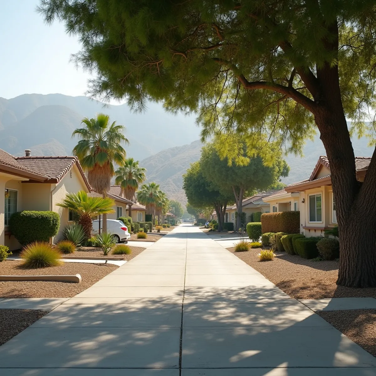 Typical residential streets and homes in Banning, CA