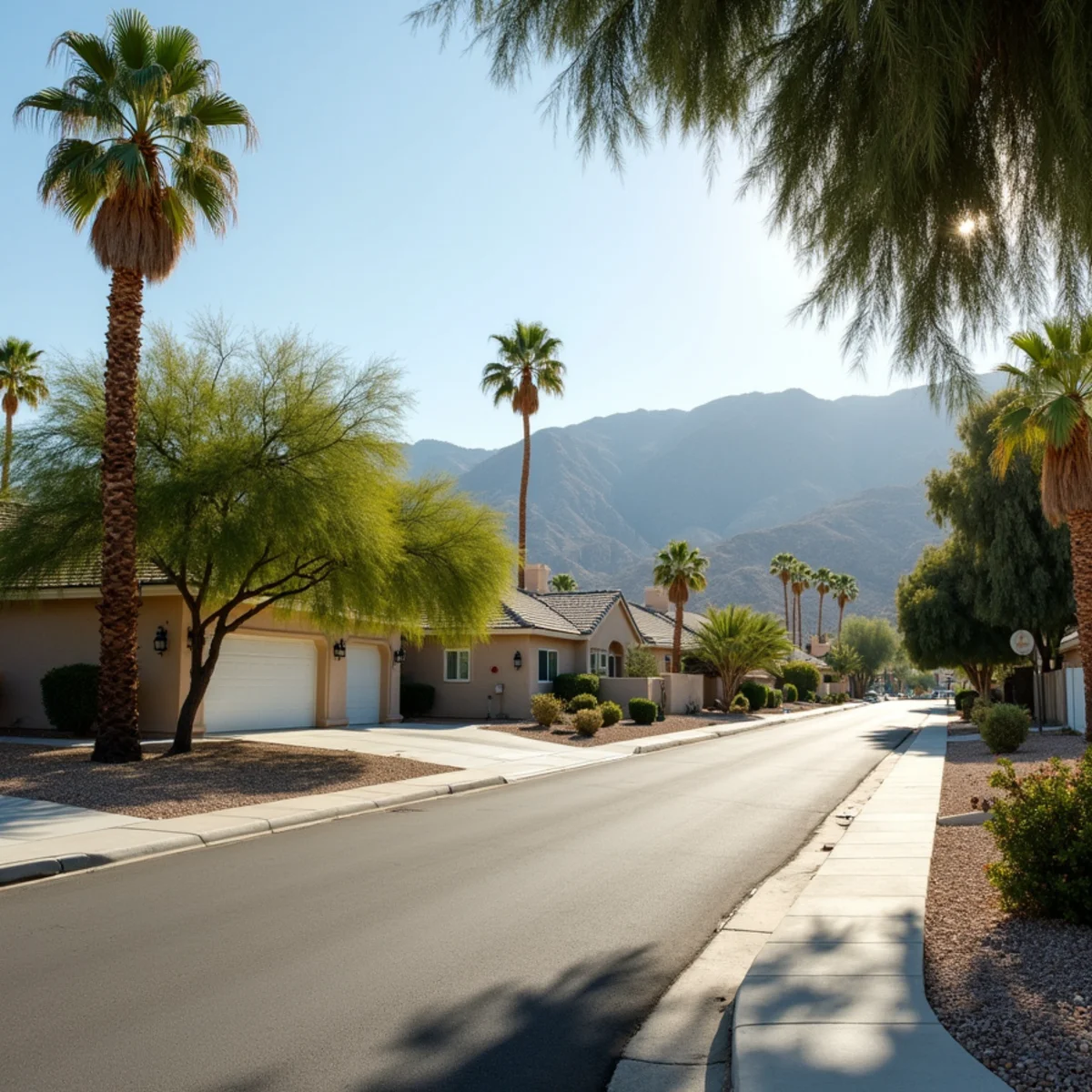 Typical residential streets and homes in Cathedral City, CA